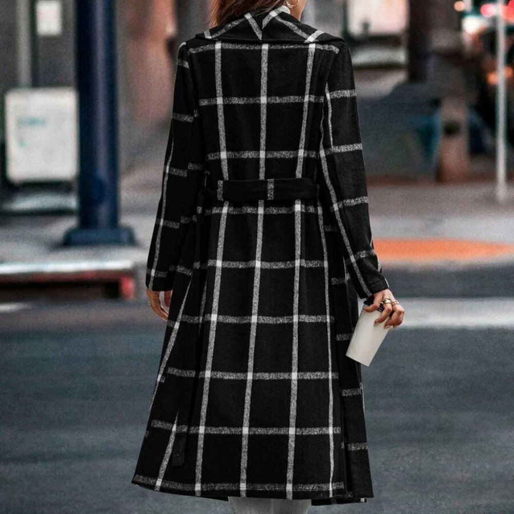 Contemporary Black white Plaid Print Shawl Collar Belted Overcoat Jacket Coat - Picture 2 of 7